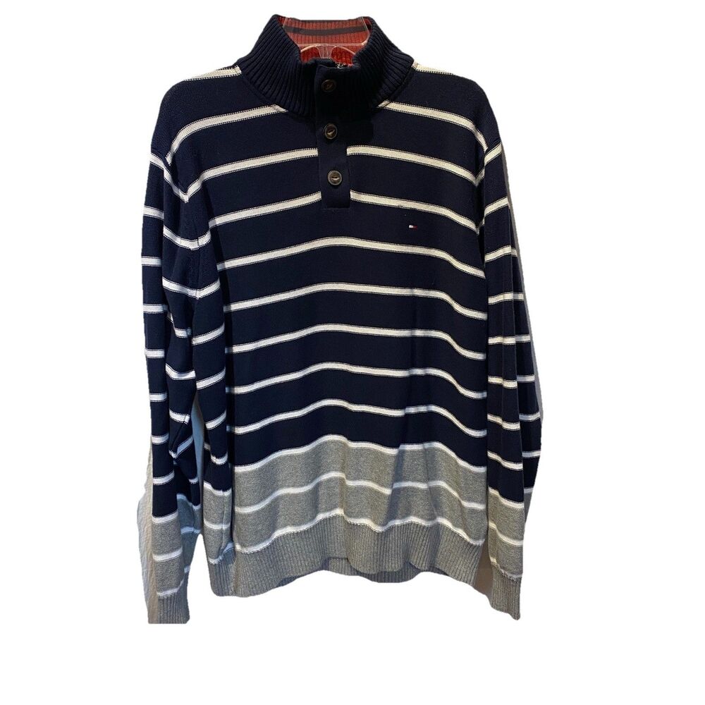 Tommy Hilfiger Mens Striped Half-Zip Sweater XXL Navy Grey Button Placket